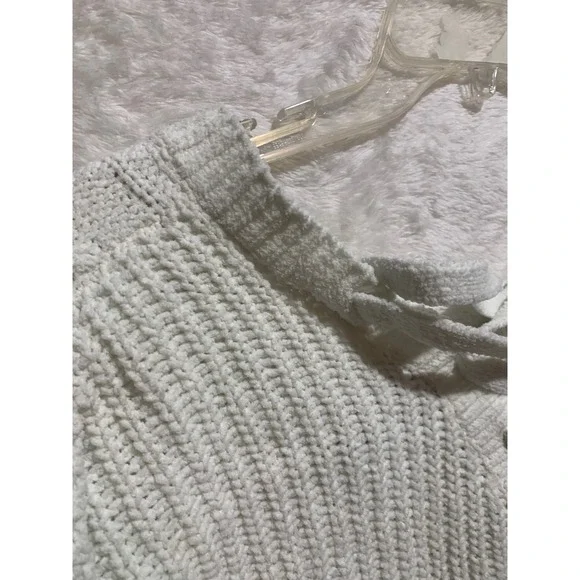 Derek‎ Heart XL Cream Cable Knit Lace Up V Neck Distressed Tunic Sweater - Picture 8 of 10